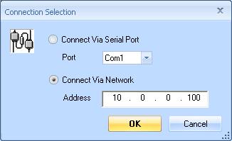 If you are using a network connection, choose Connect via Network and enter the CanLan's default IP address: 10.0.0.100.
