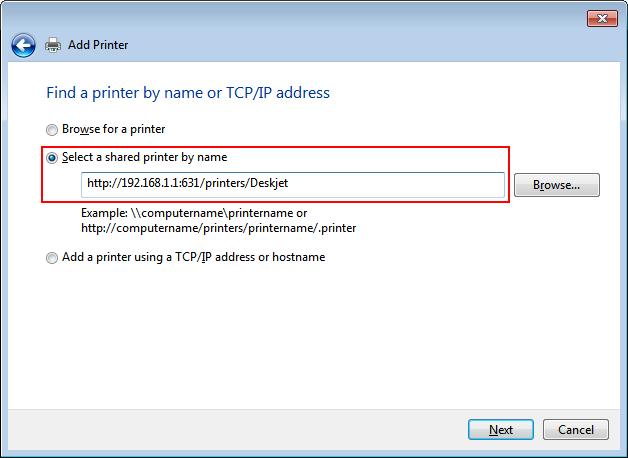 Select the Select a shared printer by name option and enter the following address: