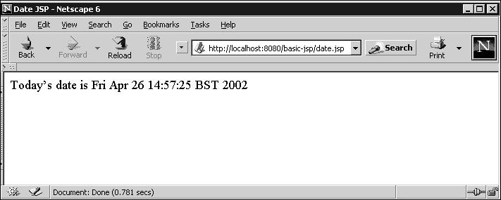 Deploying a JSP in Tomcat 79 FIGURE 5.1 date.jsp displayed using Netscape 6. JSP Translate Compile Cycle Unlike the servlets covered in Chapter 4, JSPs are not compiled before deployment.