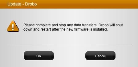 A dialog box opens, asking you to locate the zip file on your computer. 6. Please do so and then click the Open or OK button. 7. Drobo installs the firmware.