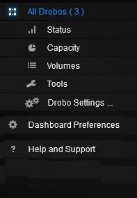 Menu options include the following: All Drobos (#), where # is the number of Drobo devices you have connected Opens the All Drobos page.