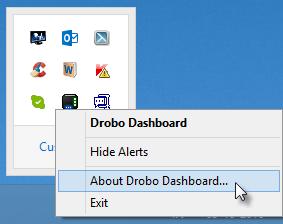 4. A message box opens, displaying the Drobo Dashboard version number. 5.