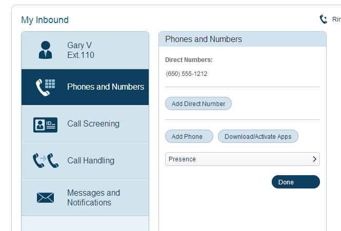 RingCentral Office@Hand from AT&T Start-up Guide for Users Settings > My Inbound Phones and Numbers Screen The Phones and Numbers screen on the online account lists your Direct Numbers, if any (you