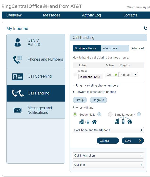 RingCentral Office@Hand from AT&T Start-up Guide for Users Settings > My Inbound Call Handling Use the Call Handling menus to set how incoming calls will be handled during business hours as well as