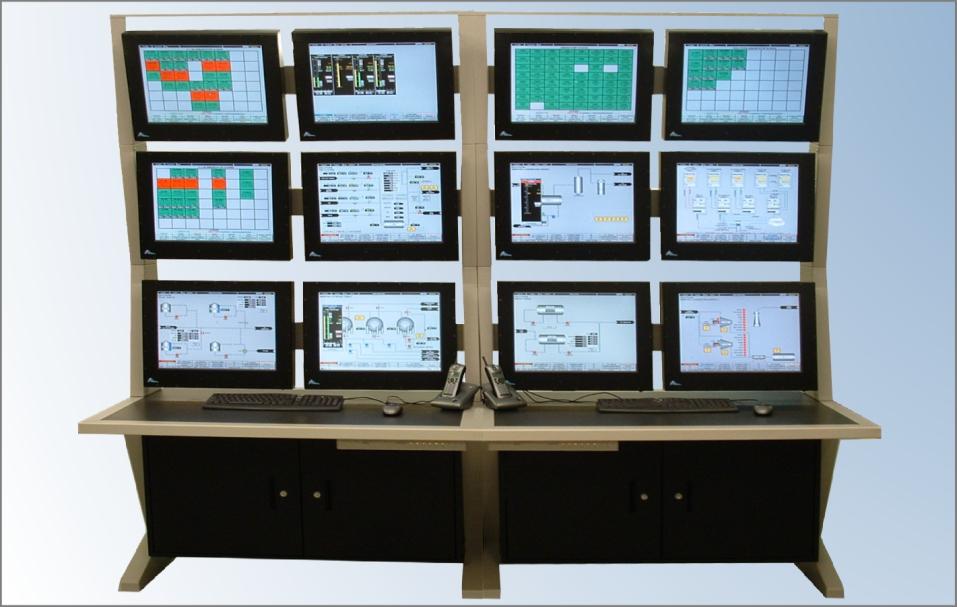 Control Room Consoles Screens to 3-Tiers High KEY FEATURES Dual width screen units fit monitors up to 24 inch wide screens on standard mounts Custom