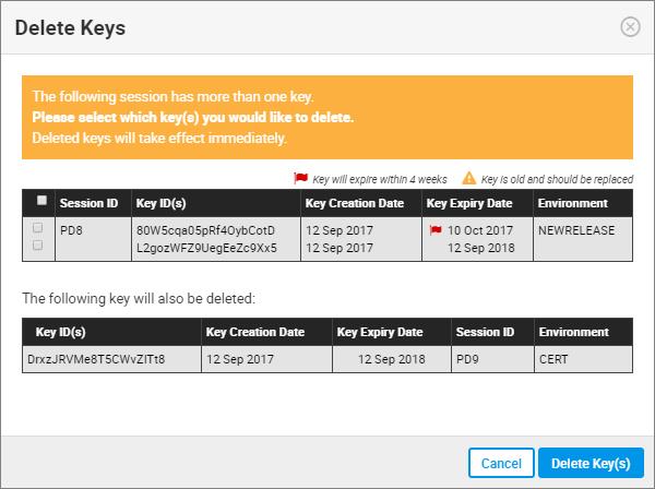 11. Open the saved file to view the secure key pair(s). Deleting Keys To delete keys 1. Select a session ID(s). 2. Select Manage Keys for Selected Session(s). 3.