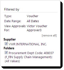 To stop applying a filter value individually, uncheck the checkbox beside the filter value in the Filtered By section. a. To stop applying all filter values that have been applied, click the [remove all] link.
