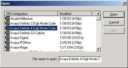 6. From the Open dialog box that appears, highlight Avaya Definity 4 Digit Mode Code as the file to open.
