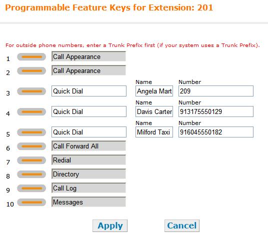 Quick Dial To add or edit quick-dial entries: 1. In the navigation menu at left, click Feature Keys. The Programmable Feature Keys page appears (Call Appearance mode shown).