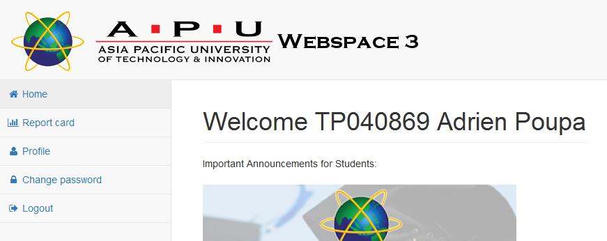 A student logins using his TP number and the password provided by the admin or the password he changed in the interface.