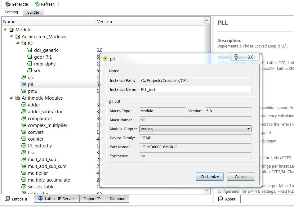Figure 6.8. Clarity Designer Main Window for PLL Module Configuration Tab The Configuration tab lists all user accessible attributes with default values set.