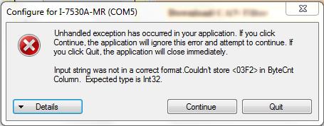 Q37. An Unhandled exception error occurred on utility tool, when users set Modbus Master configuration of I-7530A-MR. (2017/12/12, Alan) This is a utility bug, and it is fixed by utility version v1.