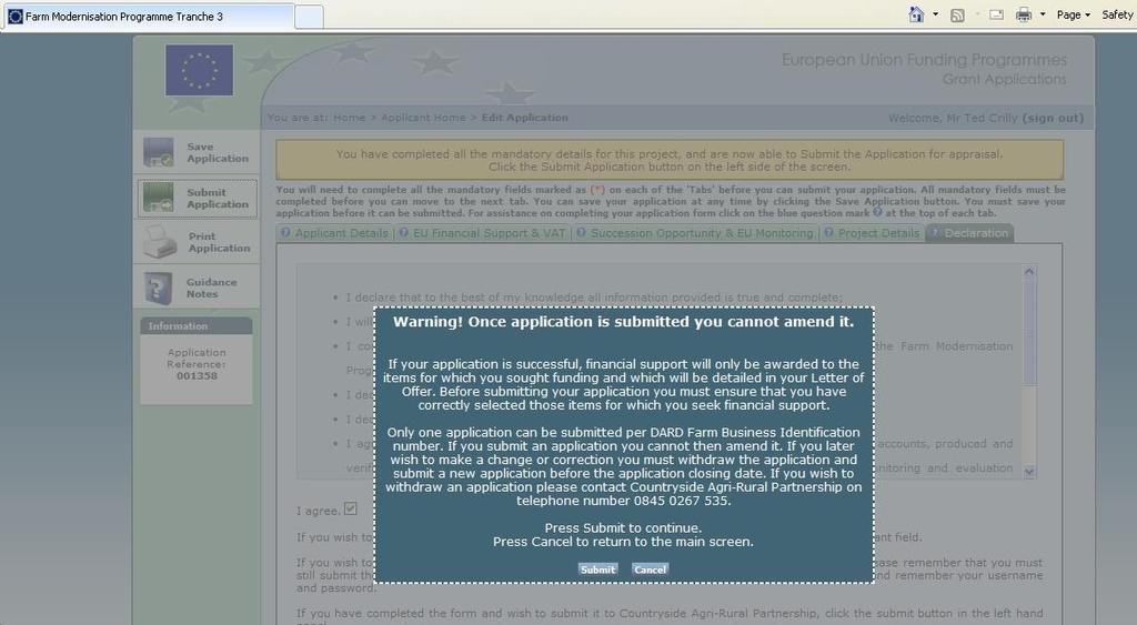 Screen 27: New Application Submission of Saved Application Final Warning.