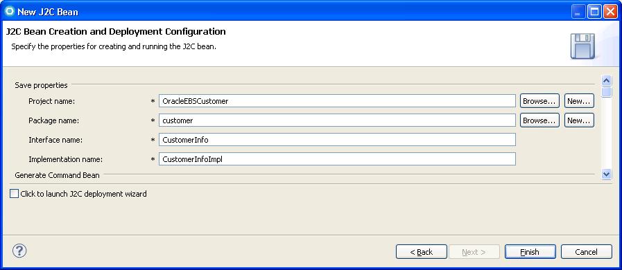 Configuring J2C Java Bean Creation and Deployment Configuration properties Set the values for the Java bean for the Oracle EBS project and custom package. Set the Save properties values 1.