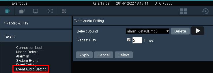 4.2.6 Event Audio Setting You can configure the Alarm sound on this page. When an event occurs or alarm is triggered, the configured alarm sound will be activated for notification.