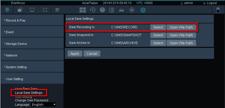 3.4.3 Setting up the Recording Path On the Live View Window, click the Setting button, click the User Setting menu bar on the left and click Local Save Settings to enter the Local Save