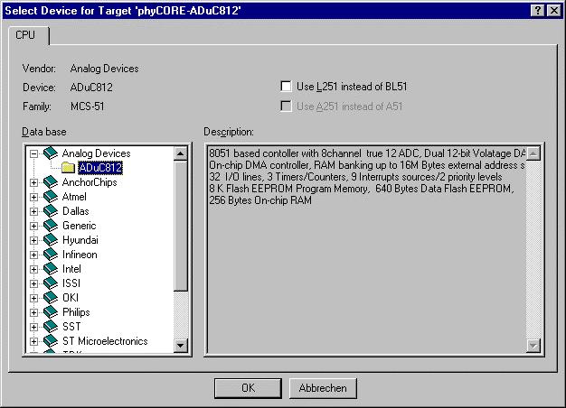phycore-aduc812 QuickStart Instruction Now open the menu Project Select Device for Target and doubleclick on Analog Device in the CPU vendor data base list.