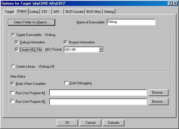 phycore-aduc812 QuickStart Instruction Select the Output tabsheet and