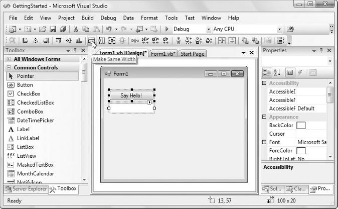Part I: Integrated Development Environment 4. When a form is opened in the editor space, an additional command bar is added to the top of Visual Studio 2008.