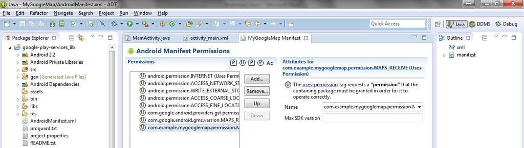 xml", you need to change com.example.mygooglemap to your package name. com.example.mygooglemap.permission.maps_receive 13. Modify the source file "MainActivity.java" as follow: package com.example.mygooglemap; import android.