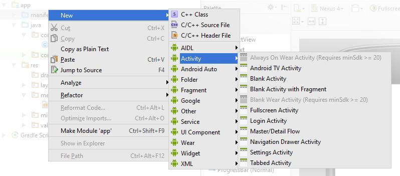 Creating a new Activity To create a new Activity on Android Studio, rightclick anywhere on
