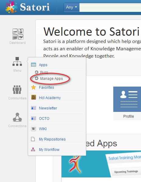 To get survey application into users account user needs to add the application from Satori Application Center. Satori Application portal can be opened from Menu -> Apps -> Manage Apps.