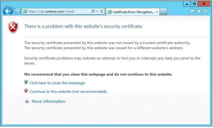 You need to prevent the error message from appearing when users connect to the RD Web Access sites. You obtain a server certificate for rdp.contoso.com from a trusted certification authority (CA).