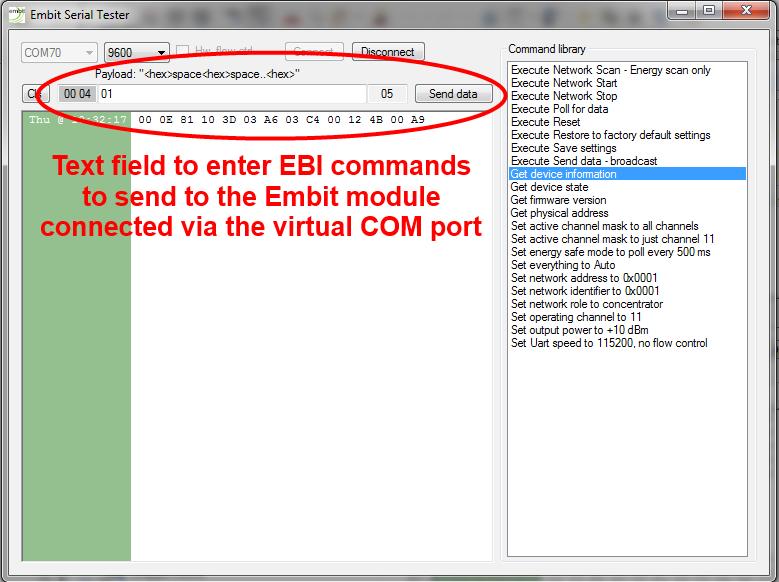 EBI 802.15.4 Usage Example In the payload text field write the commands as indicated in the following guide pressing the Send data button (or ENTER key) to send the command.