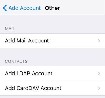 3. Under Accounts, choose Add Account 4. Choose Other 5. Under Contacts, select Add CardDAV Account 6. For Server enter mail.xplornet.com, or mail.xplornet.ca (if your email address ends in @xplornet.
