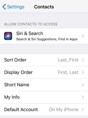 2. Scroll down and choose Contacts 3. Select Default Account 4.