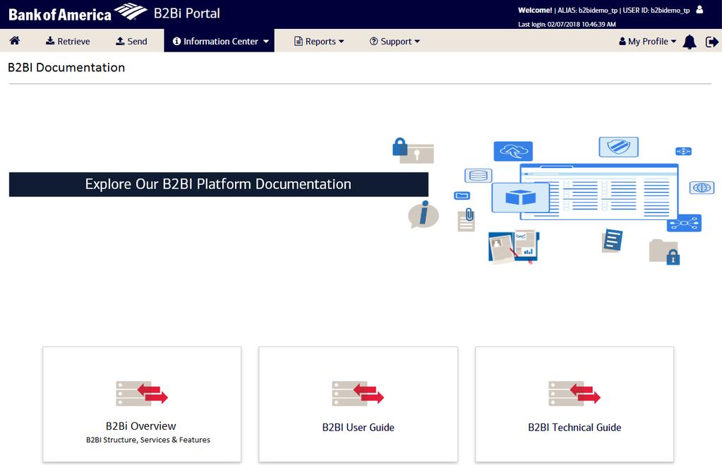 B2BI Documentation Learn more about Bank of America s B2Bi transmission environment 1. Select B2BI Documentation from the Information Center drop down menu or home page.