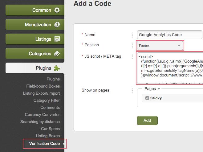 Verification Code Plugin You also might want to add a code for connecting your site to Google Analytics.
