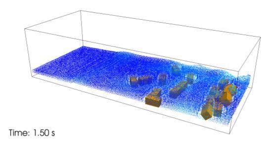 The second DEM simulation consists of a 3-D dam-break flow impacting several blocks.