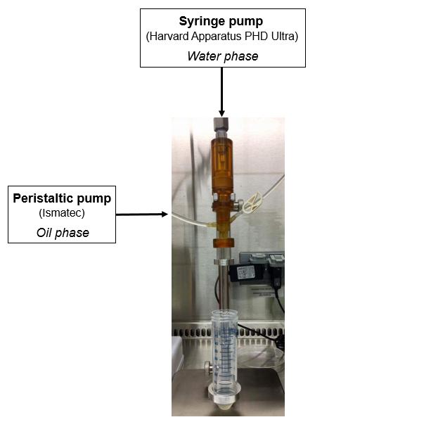 CHAPTER 4. EXPERIMENTAL ACTIVITY Figure 4.4: Encapsulation device and schematic of the connection with the pumps. syringe-pump is initially run at an higher flow rate (e.g 0.