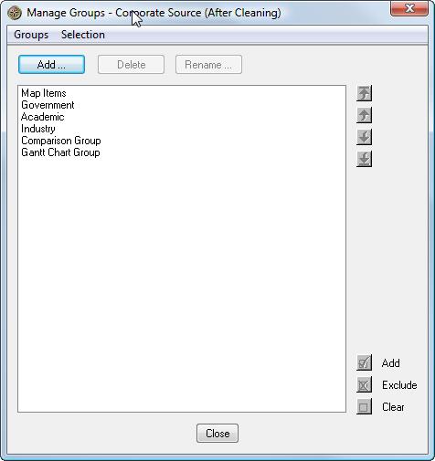 The Manage Groups Dialog Box The Manage Groups dialog box is accessed from a List view (it is not offered when viewing a Matrix or Map). Select Groups and Edit Groups from the Main Menu.