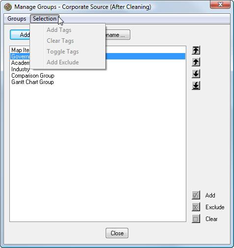 Click on the name of the group(s) you want to work with, or click Add to add a new group. The up/down arrows to the right of the window are enabled when one or more group names are selected.