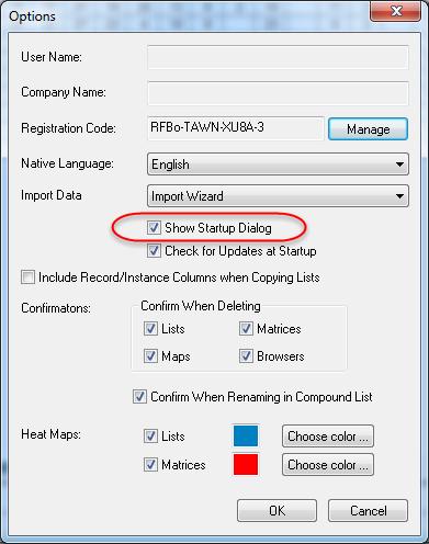 MISCELLANEOUS OPERATIONS View Options The Options dialog box (displayed below) displays information such as the user name, company name, registration code, native language, and the set method for