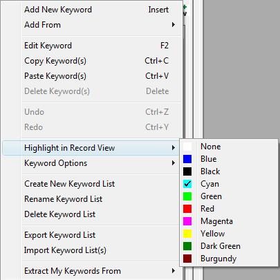 selections), then hover the cursor over the selection until you see a drag cursor (a hand) appear. Then you can click and drag the item to your Keywords List.