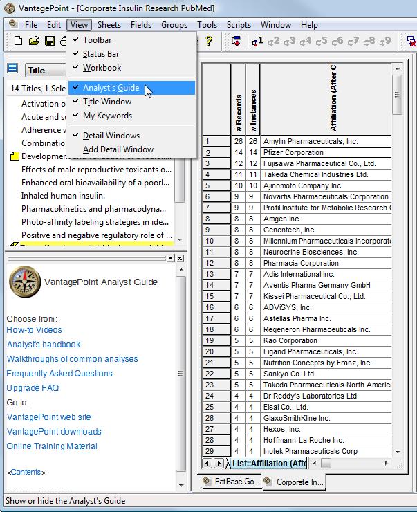 Analyst s Guide The Analyst s Guide provides an Internet Browser-type window to materials that help you learn how to apply VantagePoint to analytical tasks.