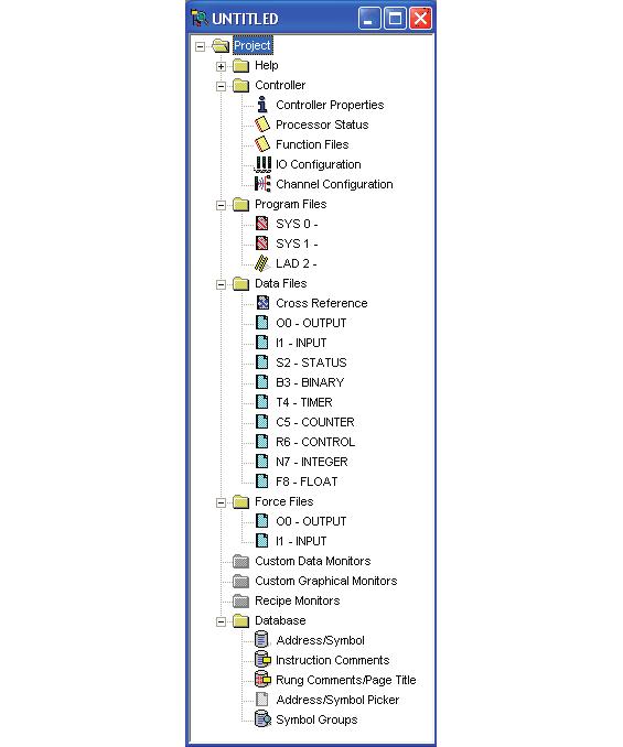 Figure 1-5 is an expanded project tree that shows the files contained in the following three folders: Controller, Program Files, and Data Files. Figure 1-5.