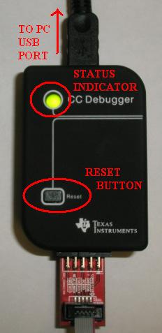 Figure 26 CC Debugger Interface Once the CC Debugger is set up with the status indicator LED showing green, you are ready to either read or write a hex file from the board, or to start debugging a