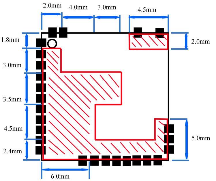 4.2.3 Recommended Solder Pad Pattern 4.2.4 Keepout Area There must be no signals routed within the red keep-out zone on the top layer of the PCB to which the AM090 is mounted.