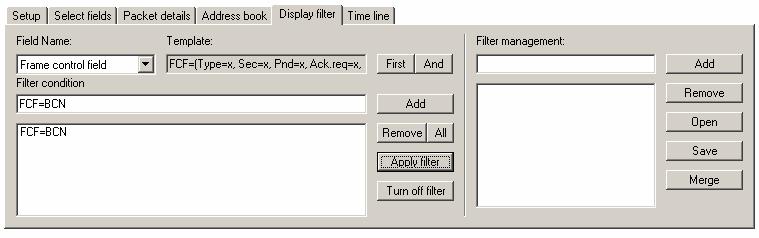 The button will activate the filter and the packet window will be redrawn with packets that comply with the given filter condition. The button should be used to disable the filter function.