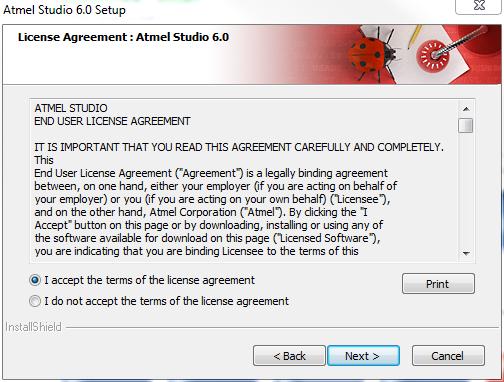 Installing Atmel Studio 6 7 16 Accept the terms of the license agreement and click Next to