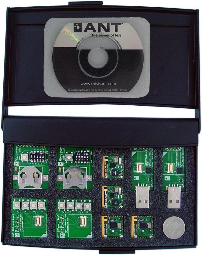 ANT Eval Kit Contents: AT3 module X 2 AP2 module X 2 Battery board X 2 IO