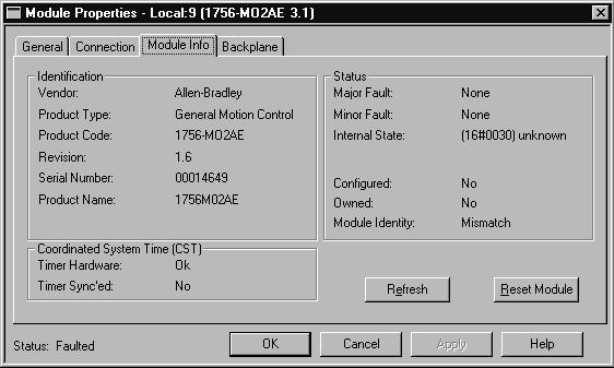 Diagnostic faults are only reported in the Tag Editor Status on the Module Info page The screens below display fault notification in RSLogix 5000.