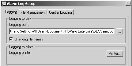 6-10 Logging Tab Configure a path to log alarm files. Specify a printer if you will be logging to one.