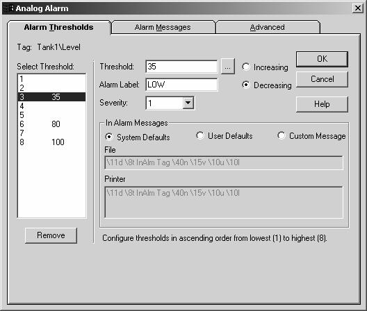 6-13 Analog Tag alarms Open the Tags editor, then select the analog tag for which you want to configure an alarm. Check the Alarm checkbox to open the Analog Alarm editor.
