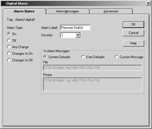 6-14 Digital Tag Alarms To set up an alarm for a digital tag: Open the Tags editor, then select the digital tag you want to set up an alarm for.