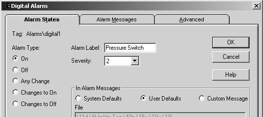 6-21 2. Con figure alarms on HMI Tags Select the Alarms\digital1 tag, and check the Alarms box. The alarm configuration dialog box will open.
